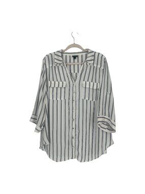 Torrid White Black Striped Button Front Blouse 2X Roll tab Casual Workwear